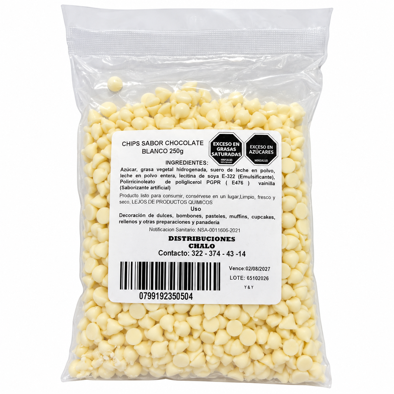 CHIPS CHOCOLATE BLANCO CHALO X 250 G